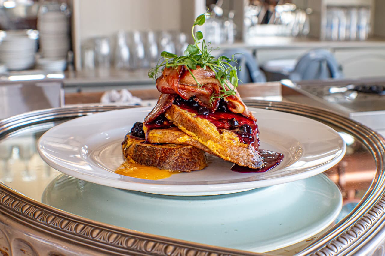 French toast with streaky bacon and blueberry compote at Blueberry Cafe