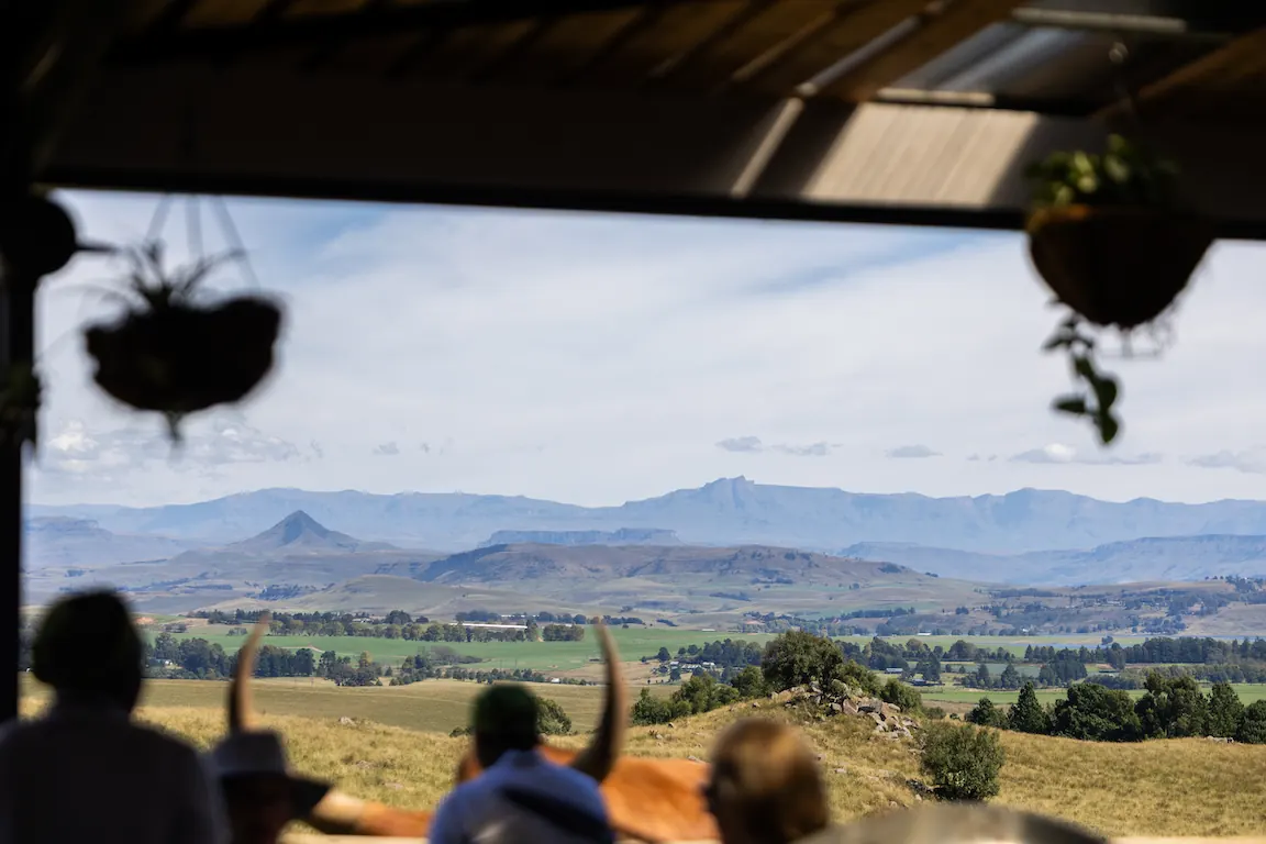 Drakensberg view from inside Blueberry Cafe, framed by hanging garden baskets