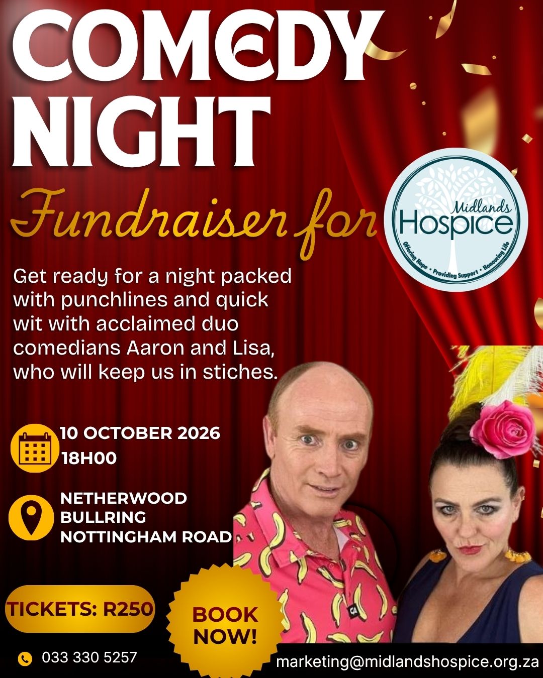 Comedy Night fundraiser poster for Midlands Hospice